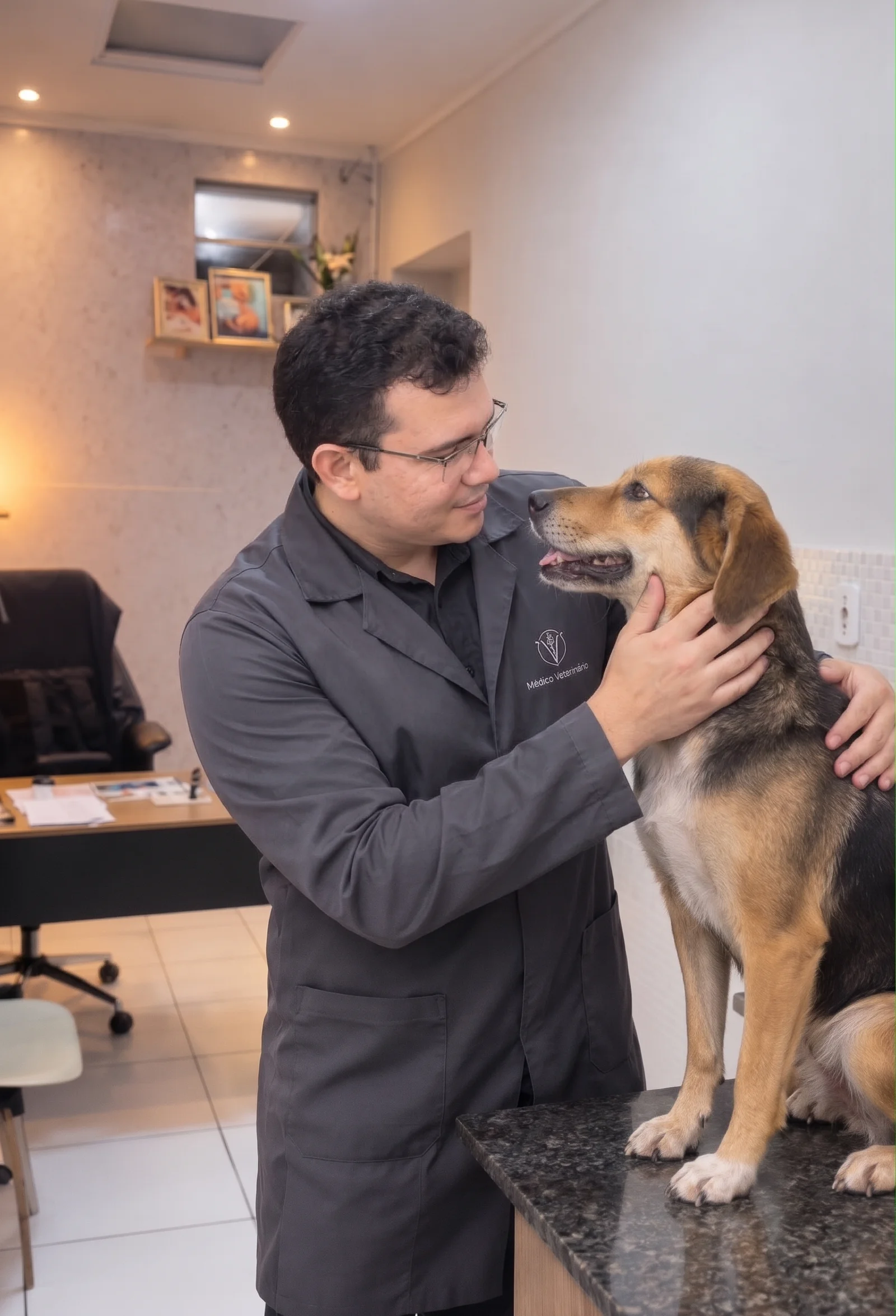 Cão em atendimento com o veterinário